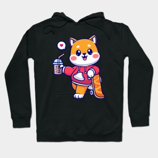 Cute Shiba Inu Drink Boba Milk Tea With Skateboard  Cartoon Hoodie